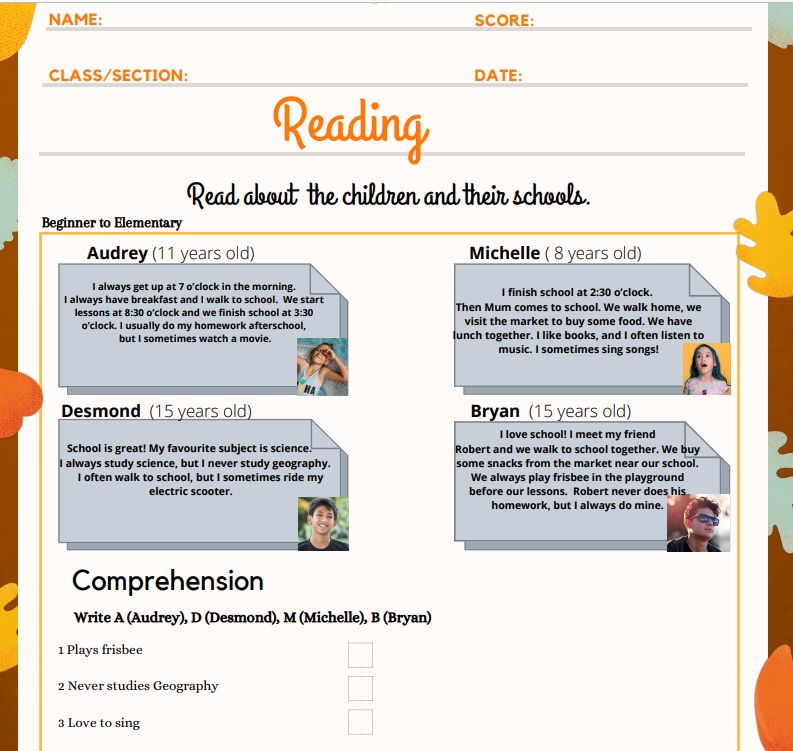 Reading Comprehension – Beginner to Elementary (Verb to be/Daily Routines/Adverbs of Frequency)