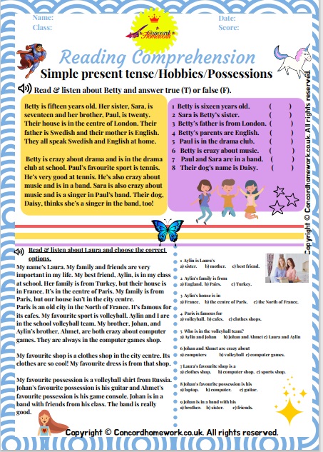 Simple present tense, Hobbies & Possessions Free ESL EFL pdf worksheets with answer keys