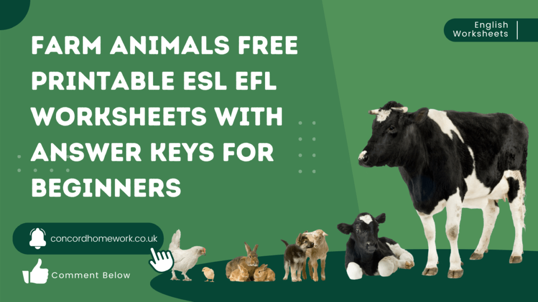 Farm animals free printable ESL EFL worksheets with answer keys for beginners