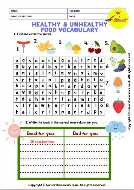 Healthy and unhealthy food Vocabulary free ESL EFL worksheets with