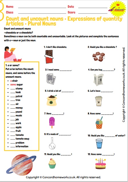 Count and uncount nouns expressions of quantity Articles and plural nouns English worksheet
