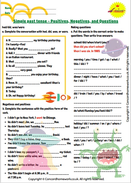 simple past tense positives negatives and questions esl worksheet concordhomework