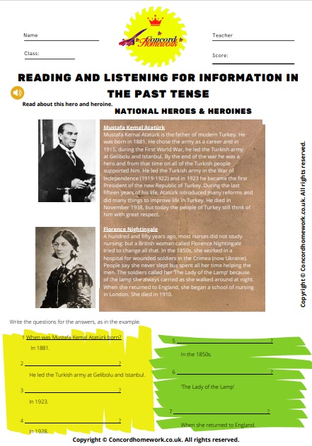 Reading and listening for Information in the past tense English worksheets