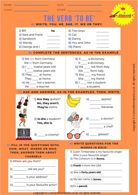 Verb to be subject pronouns in English worksheet