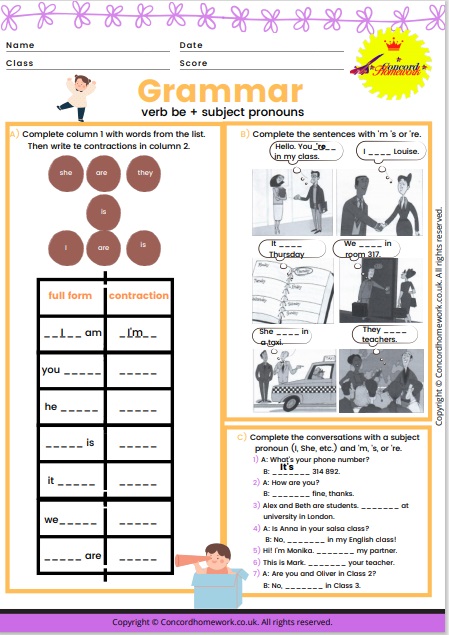 verb be + subject pronouns English printable worksheet - High Quality