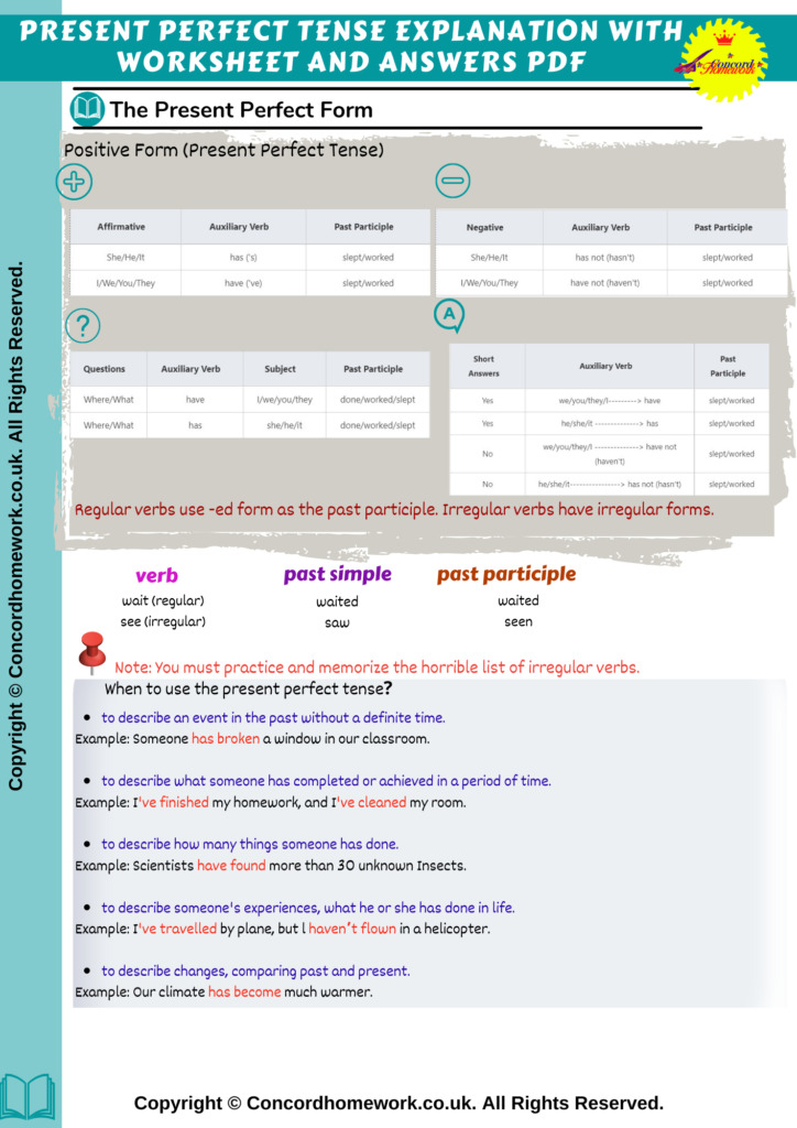 Present perfect tense explanation with worksheet and answers pdf