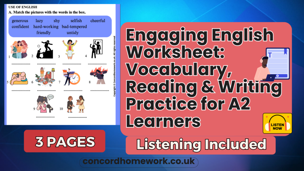 A2 English worksheet featuring vocabulary, reading, and writing exercises for 5th graders.